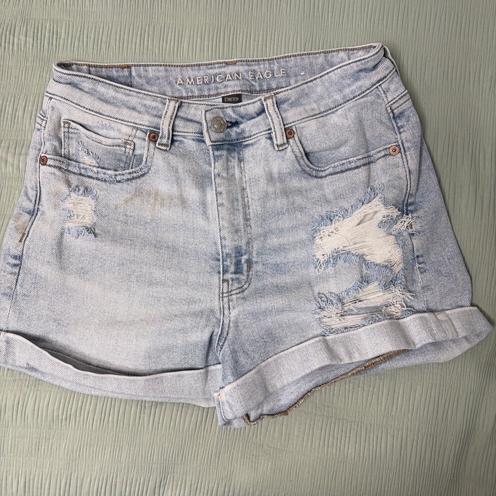 American Eagle Outfitters Light Blue Distressed Rolled Hem Jean Shorts